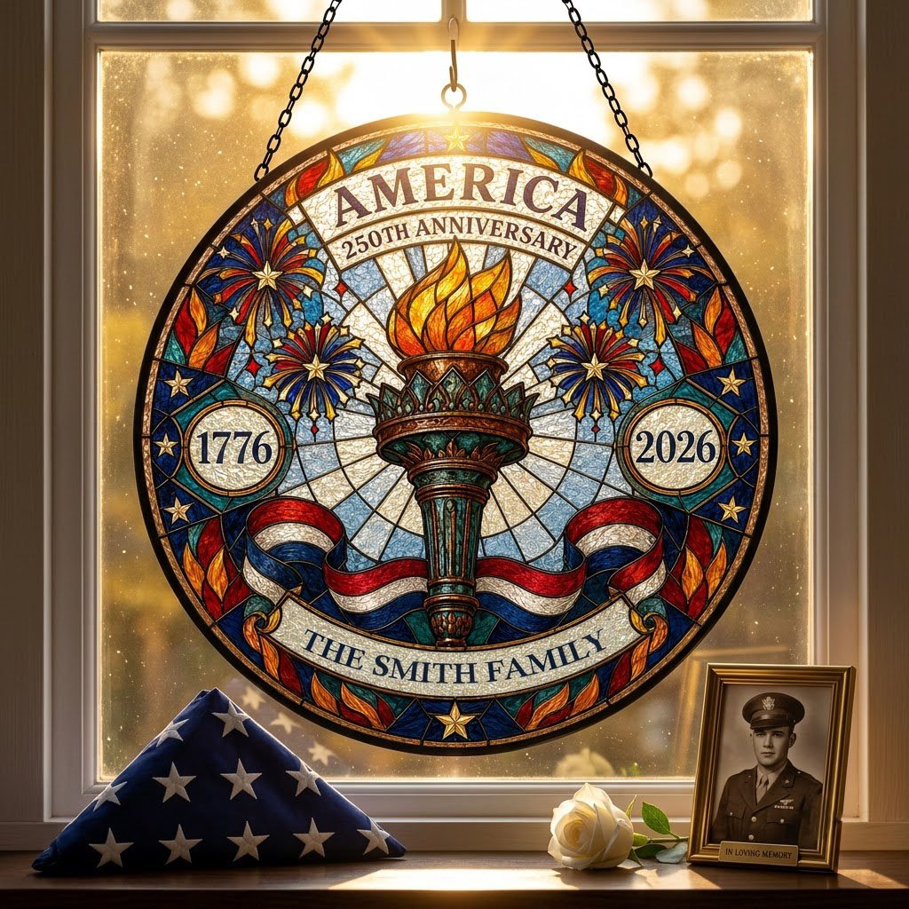 Round stained glass suncatcher with a central torch, fireworks, stars, and a red, white and blue ribbon.