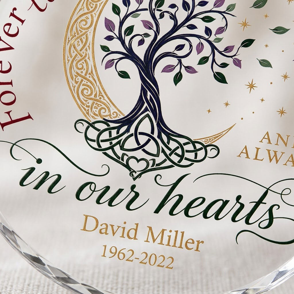 Round glass ornament with Celtic tree of life, gold crescent moon, stars, and phrase Forever loved in our hearts.