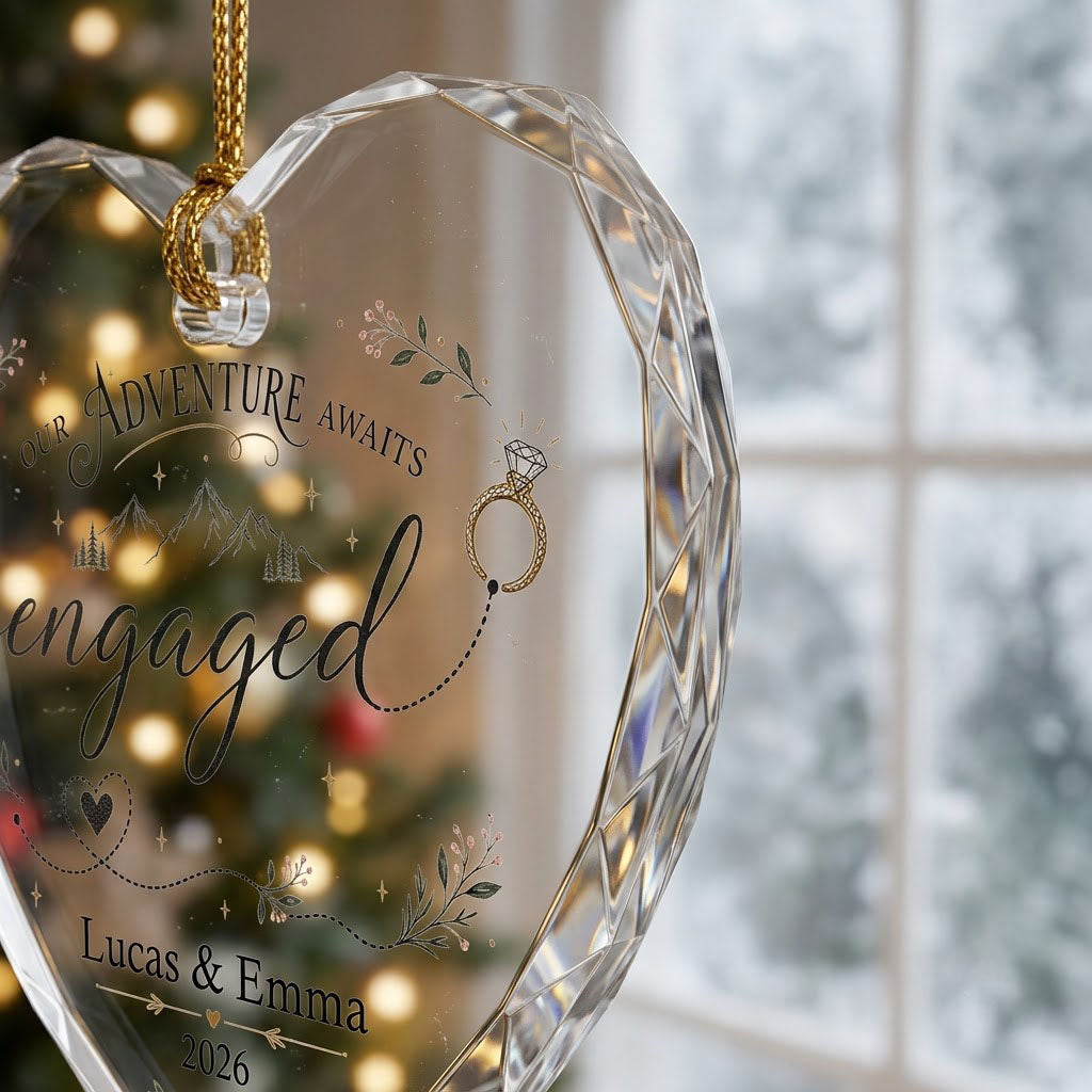 Personalized Our Adventure Awaits Engaged Mountain Heart Glass Ornament