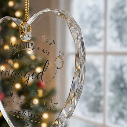 Personalized Our Adventure Awaits Engaged Mountain Heart Glass Ornament