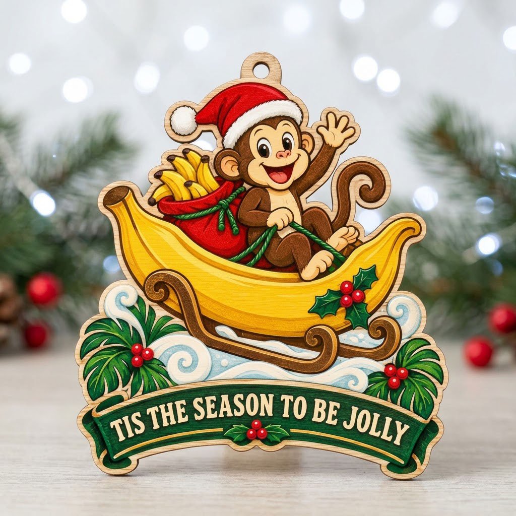 Custom-cut wood ornament with monkey in Santa hat riding a banana sleigh, banner reads TIS THE SEASON TO BE JOLLY.