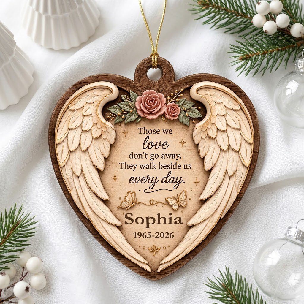 Heart-shaped wood ornament with angel wings, pink roses, butterflies, and a memorial quote with name and dates.