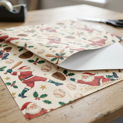 Vintage Santa playing baseball, mitts, crossed bats with holly, baseballs and stars on a cream background.