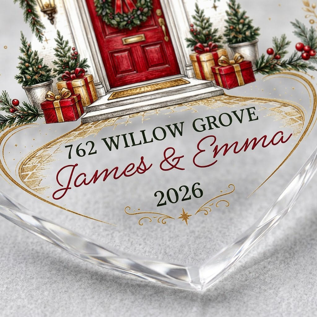 Heart-shaped glass ornament with a red front door, wreath, garland, lanterns, gift boxes, and gold snowflakes.