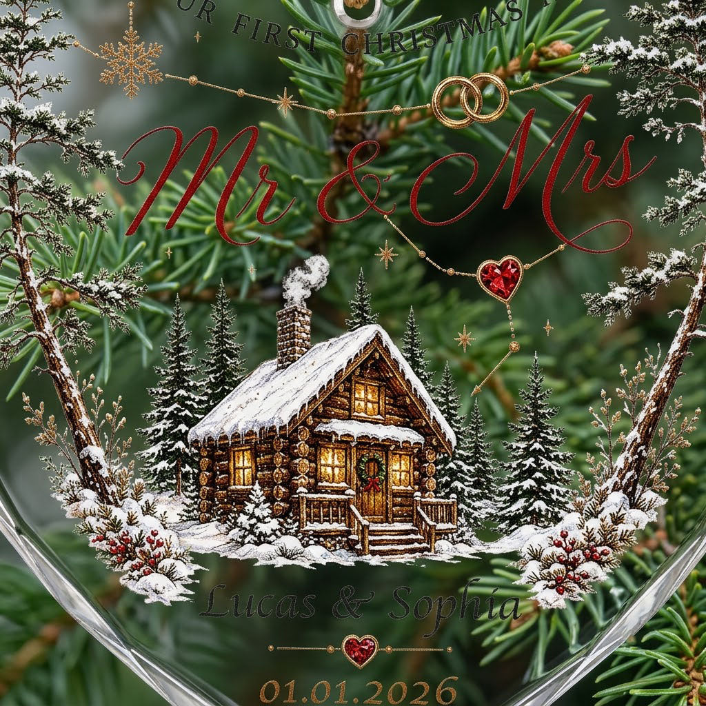 Personalized Our First Christmas as Mr & Mrs Winter Cabin Heart Glass Ornament