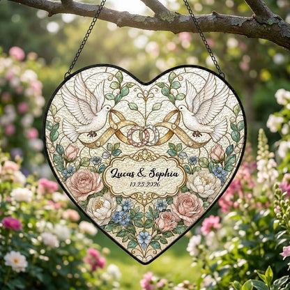 Personalized Wedding Doves & Intertwined Rings Floral Heart Stained Glass Suncatcher