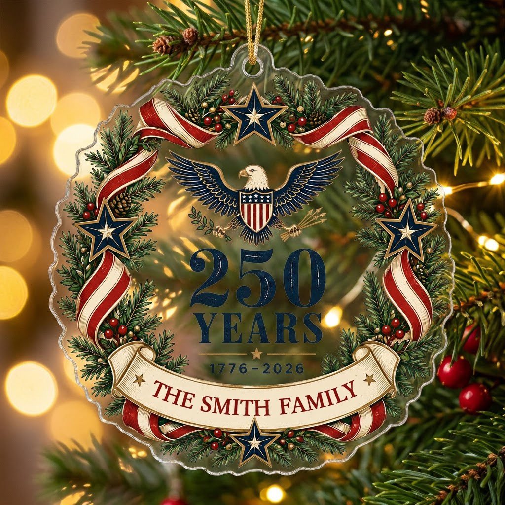 Personalized America 250th Wreath Acrylic Ornament, Custom Patriotic Holiday Keepsake