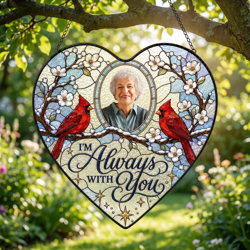 Heart suncatcher with two red cardinals on snowy branches, round photo window, and the words I'M Always WITH You.