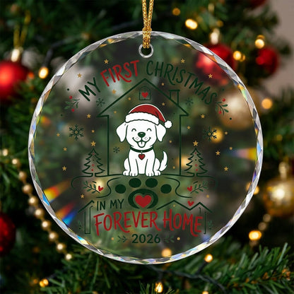 My First Christmas in My Forever Home Sitting Puppy Round Glass Ornament