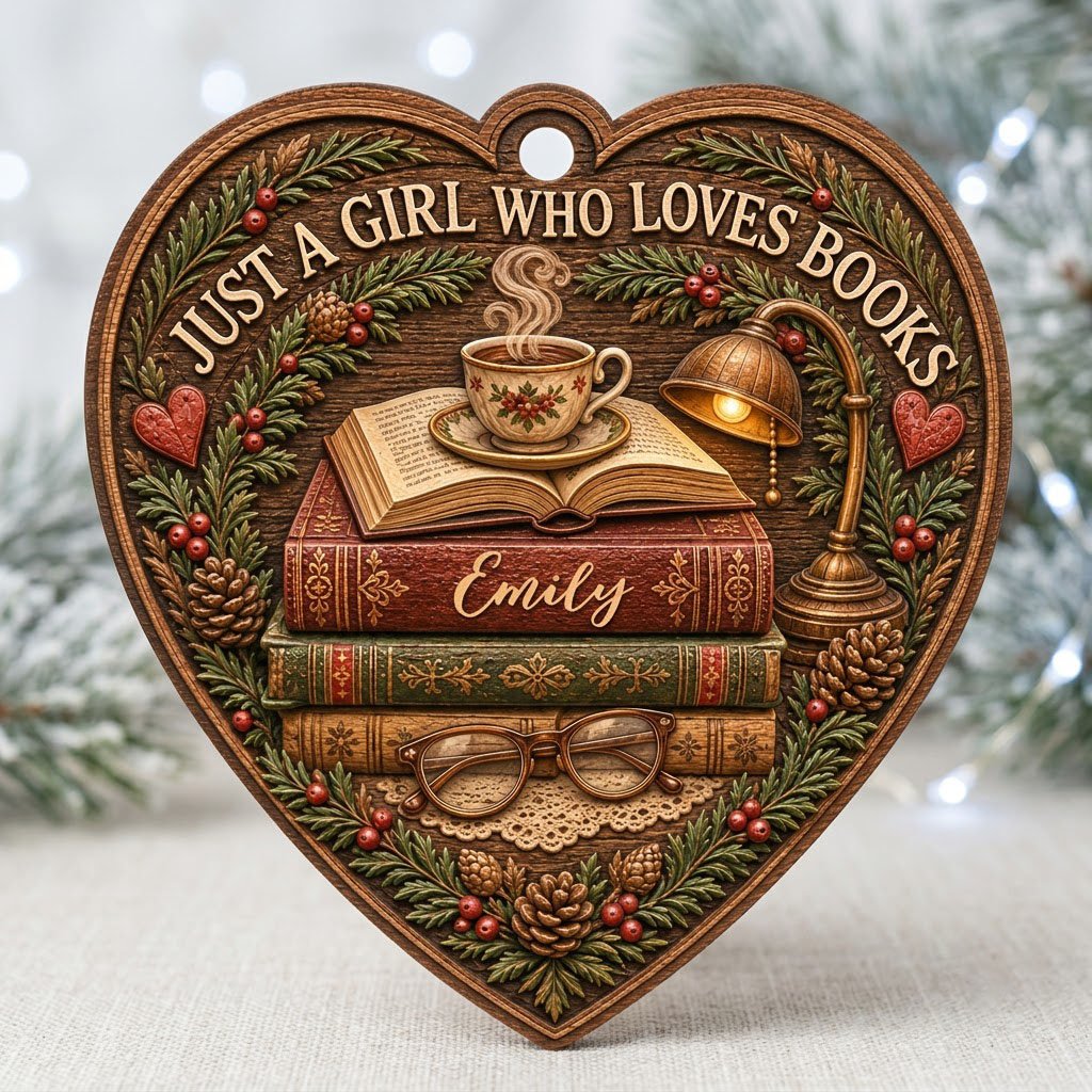 Heart-shaped wood ornament with books, open book and teacup, lamp, glasses, pine foliage, pinecones and hearts.