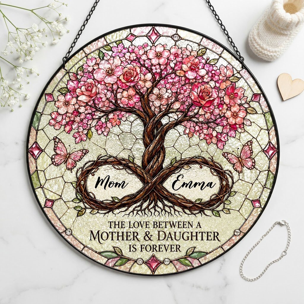 Round suncatcher with tree of life, pink blossoms, and 'THE LOVE BETWEEN A MOTHER & DAUGHTER IS FOREVER'
