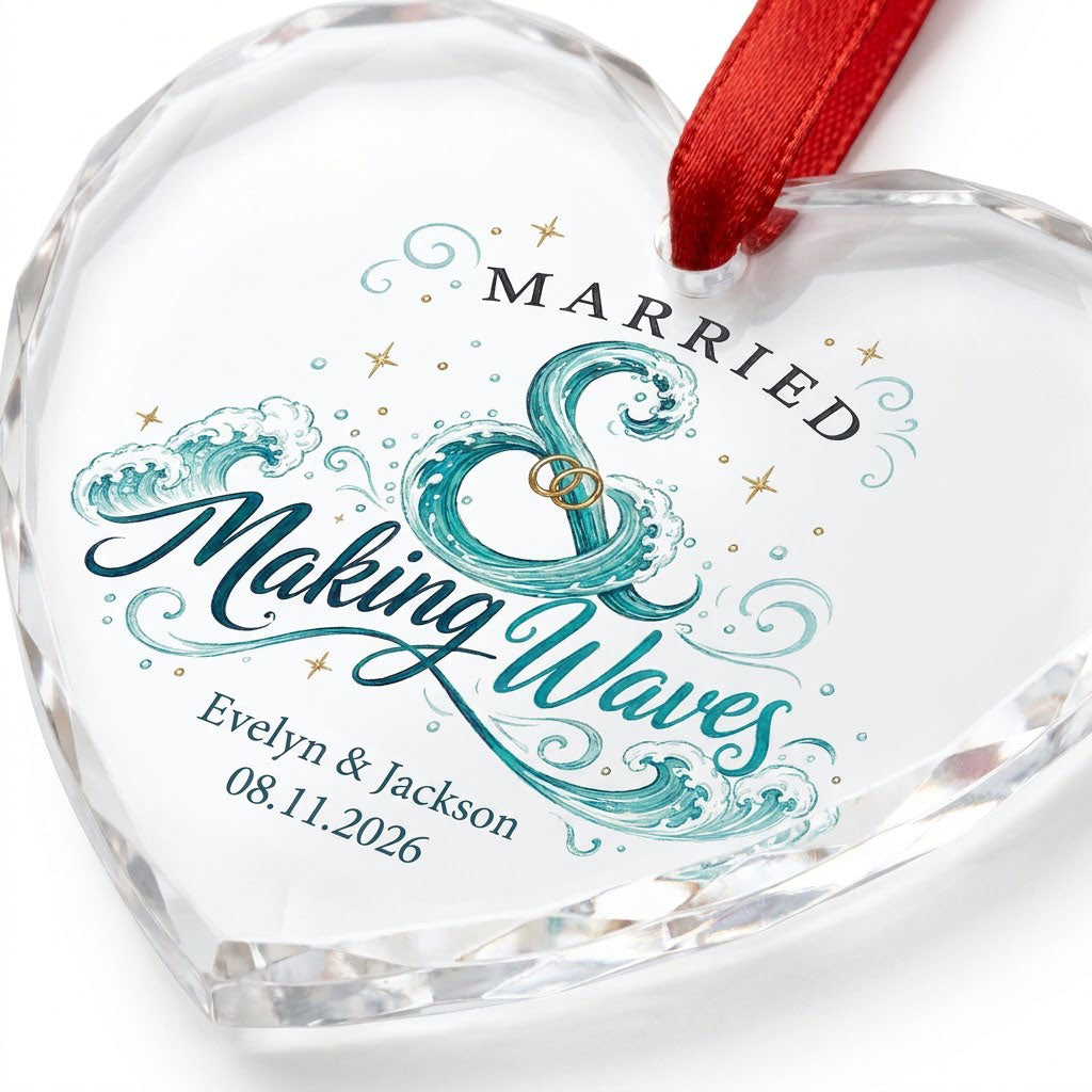 Personalized Married & Making Waves Coastal Heart Glass Ornament