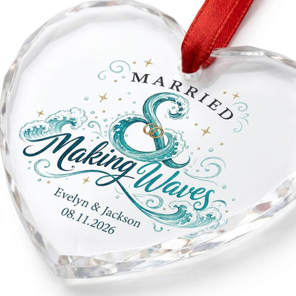 Personalized Married & Making Waves Coastal Heart Glass Ornament