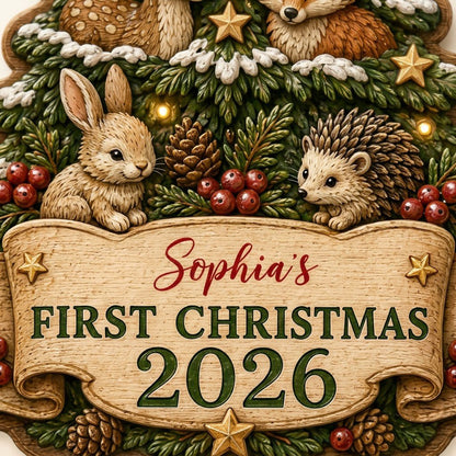 Personalized Woodland Animals Tree Baby's First Christmas Wood Ornament