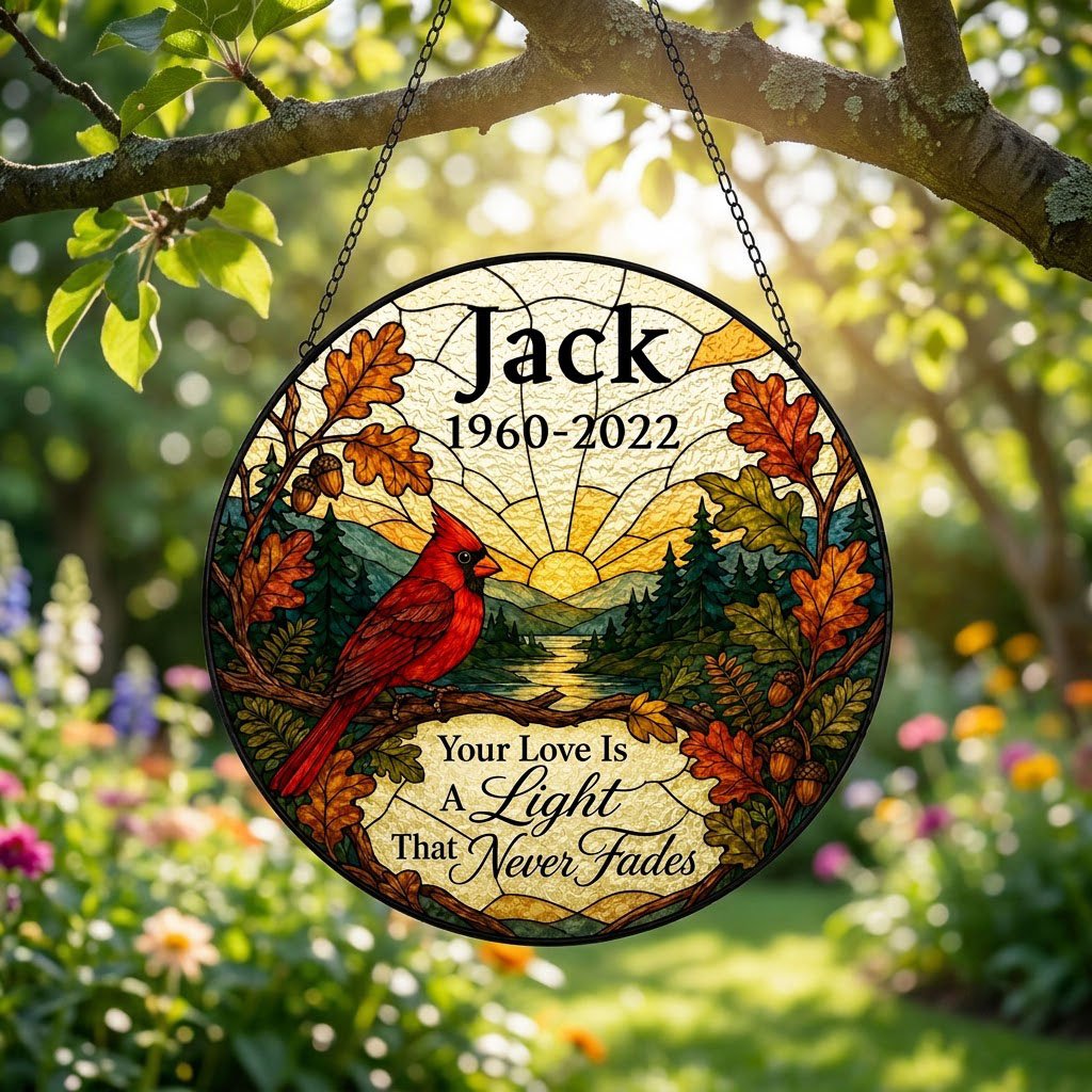 Round stained-glass style suncatcher with a red cardinal, oak leaves, mountains, a river and a radiant sun.
