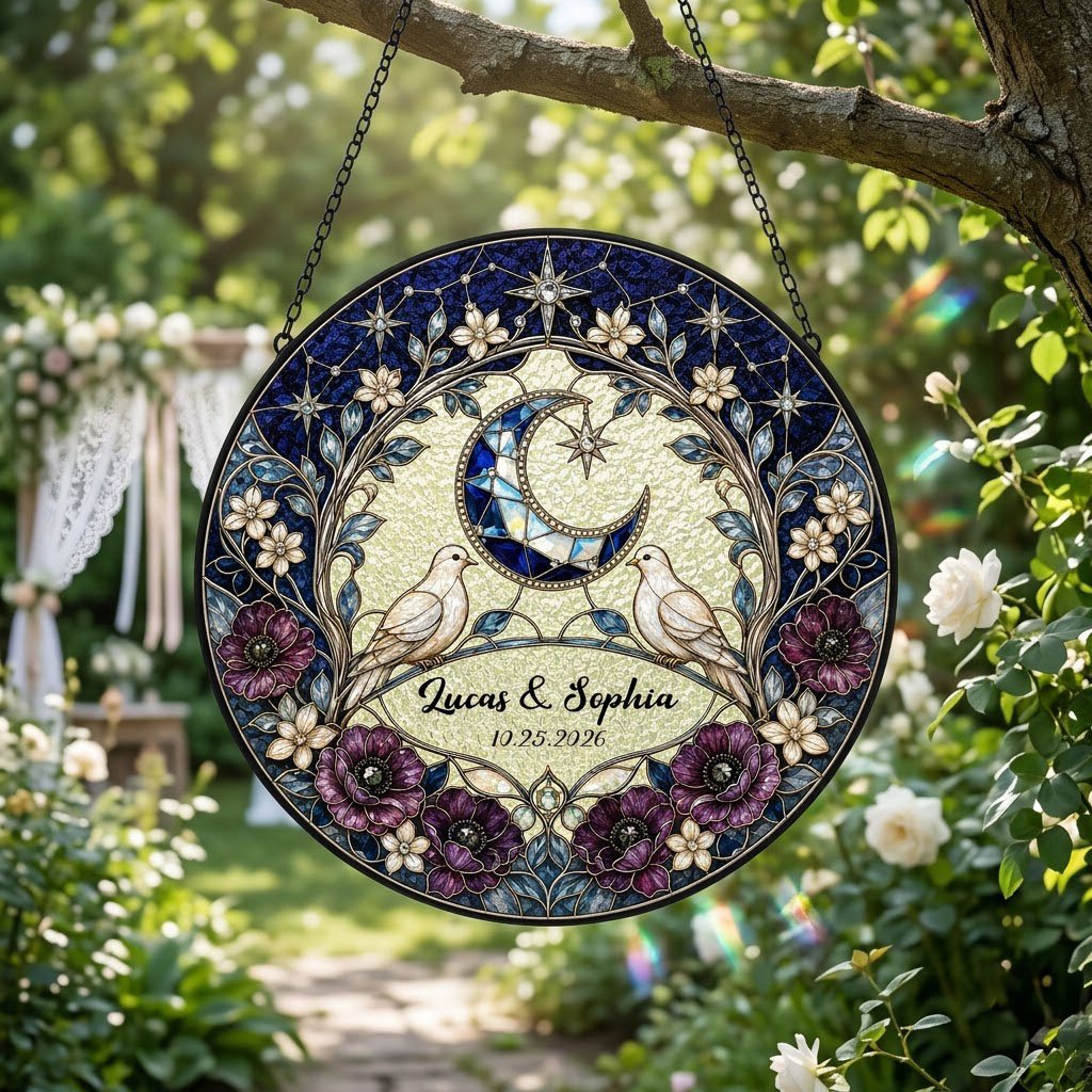 Personalized Celestial Doves & Crescent Moon Purple Floral Stained Glass Round Suncatcher