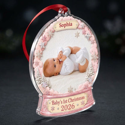 Pink snow globe acrylic ornament with "Baby's 1st Christmas", name banner, year base, and baby photo frame