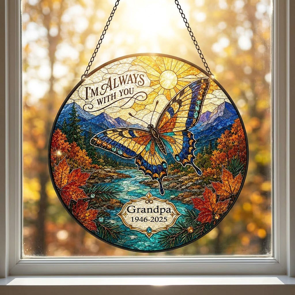 Personalized Butterfly Mountain Landscape Memorial I'm Always With You Stained Glass Round Suncatcher