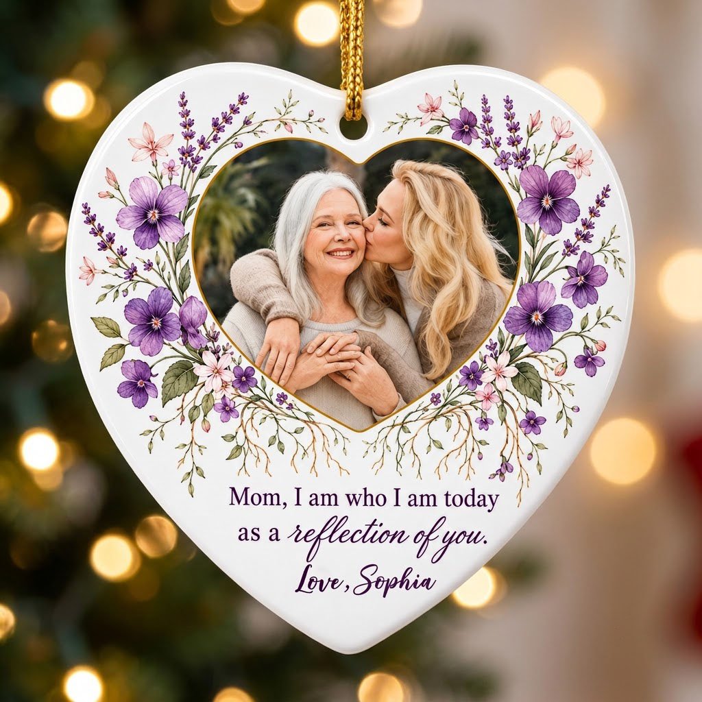 Heart ceramic ornament with a gold-edged heart photo and purple watercolor florals around the message for Mom.