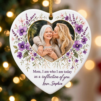 Heart ceramic ornament with a gold-edged heart photo and purple watercolor florals around the message for Mom.