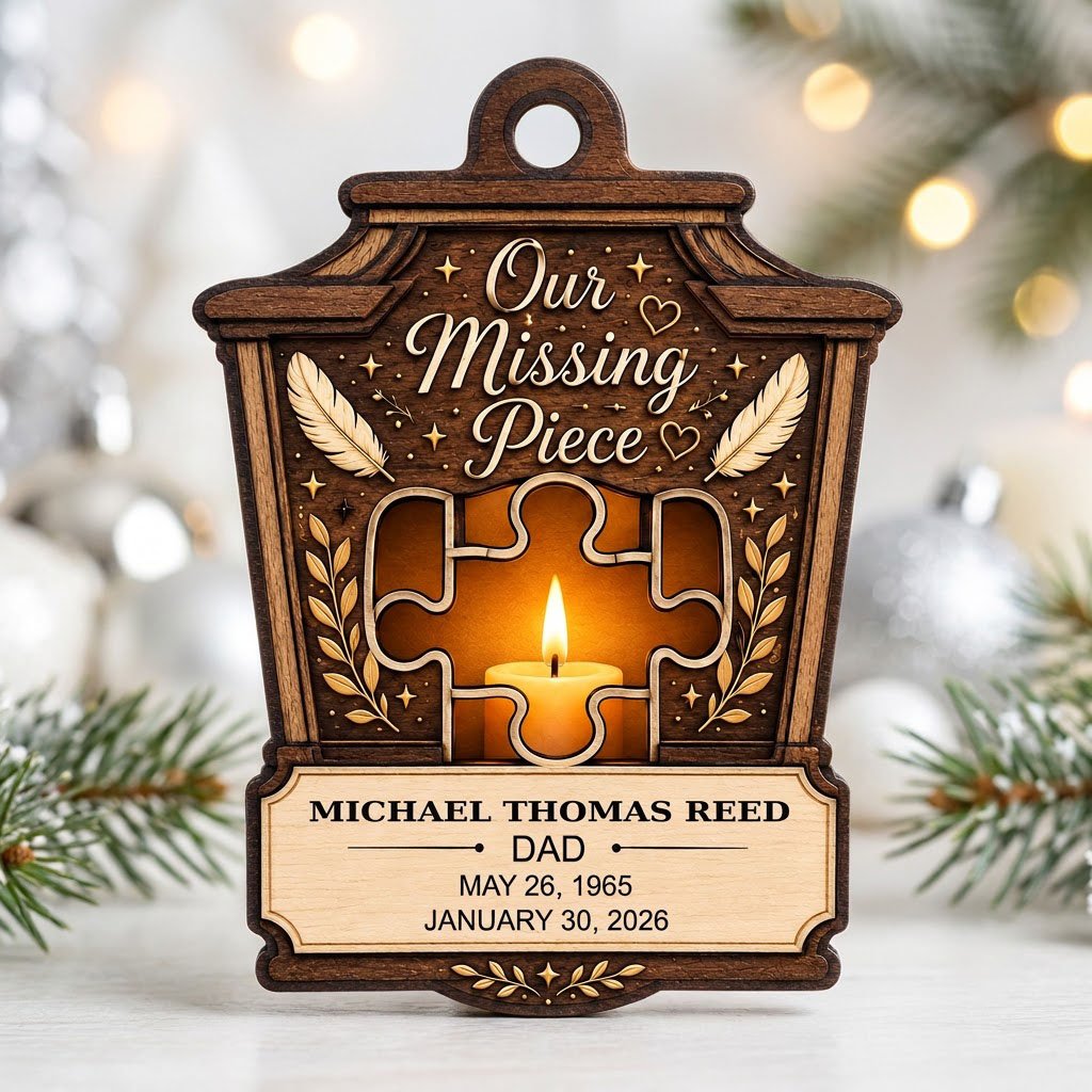 Wood ornament with lantern-style frame, puzzle-piece cutout revealing candle glow, “Our Missing Piece” text and feather 