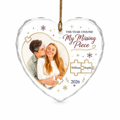 Heart glass ornament with gold puzzle pieces, couple photo, snowflakes, reading THE YEAR I FOUND My Missing Piece.
