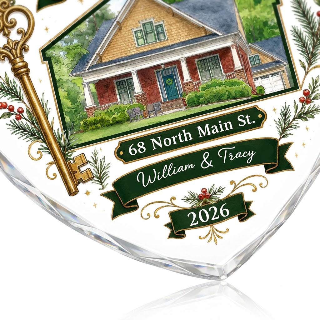 Heart-shaped glass ornament with watercolor house, gold key, evergreens, green banners, and 'Our New Home' text.