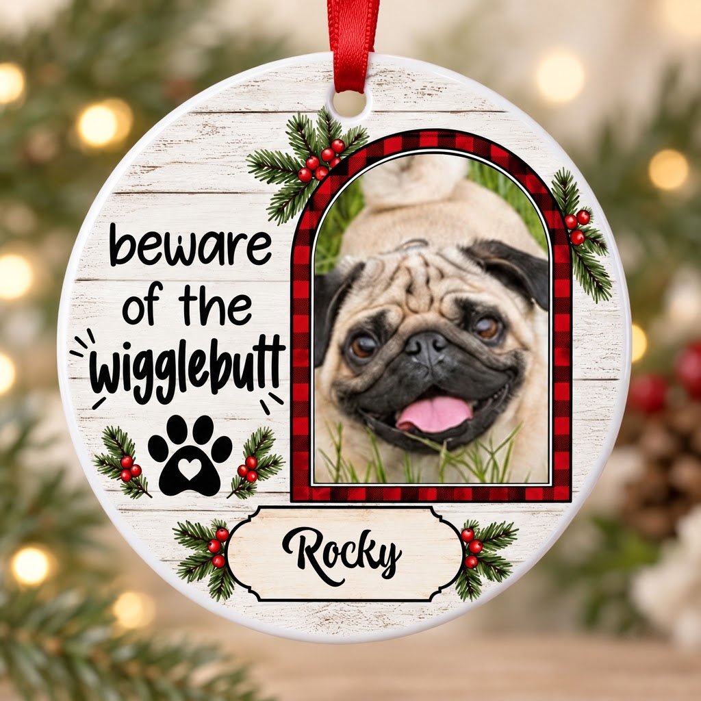 Round ceramic ornament with buffalo plaid photo frame, paw-heart, pine sprigs, and 'beware of the Wigglebutt'.