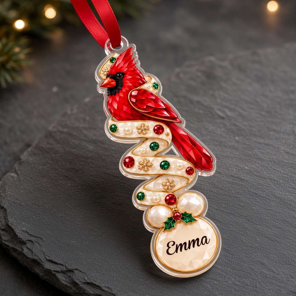 Clear acrylic ornament with a teddy bear or penguin in gem-detailed spiral style, personalized with names.