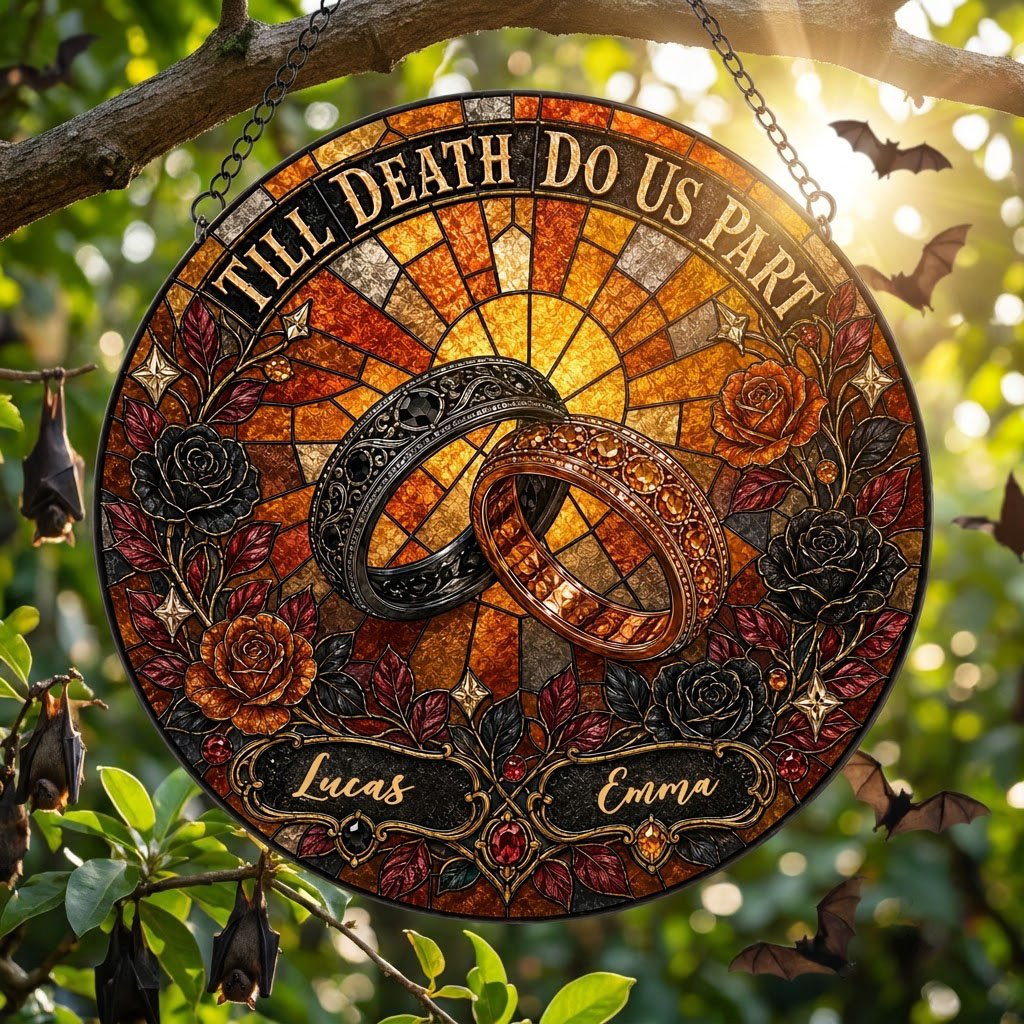 Personalized Gothic Wedding Rings Till Death Do Us Part Stained Glass Round Suncatcher
