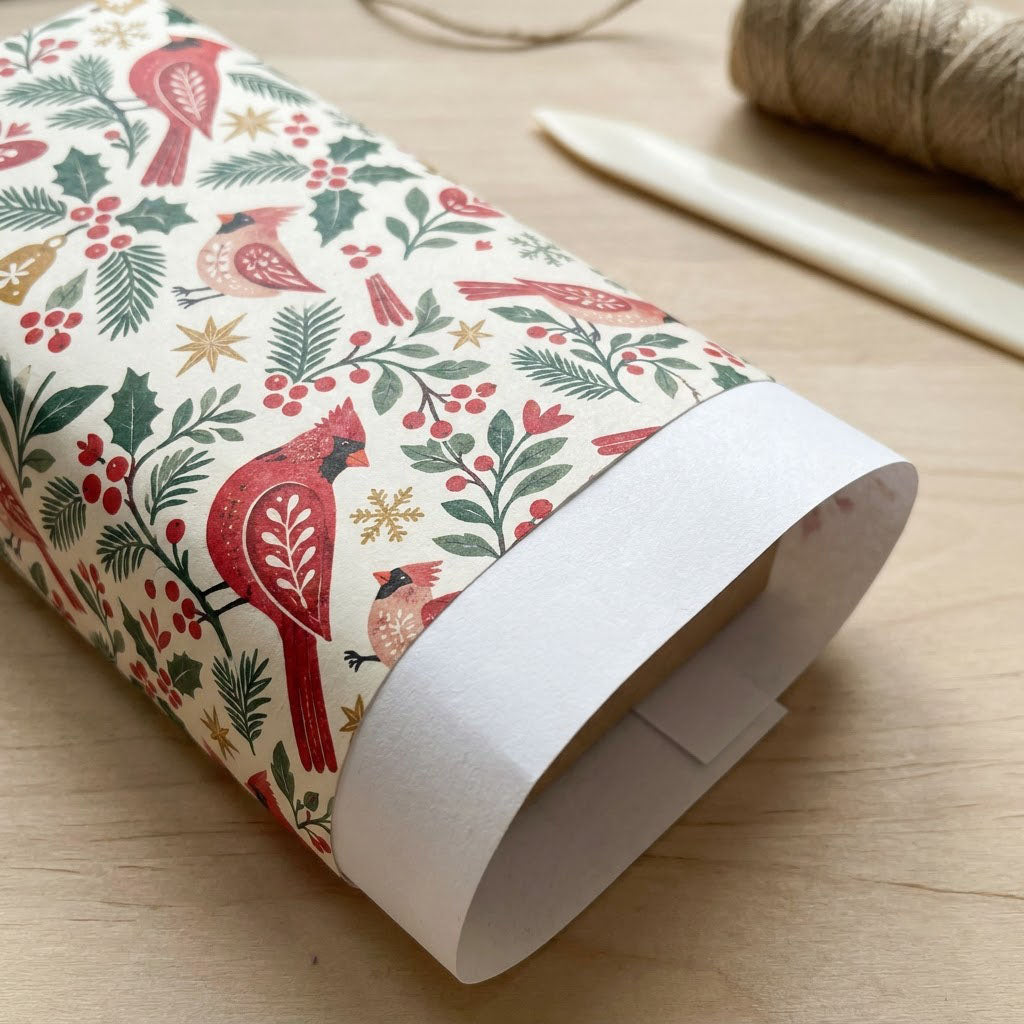Cream gift wrap with red cardinals, pine and holly, berries, gold bells and snowflakes in a Christmas pattern.