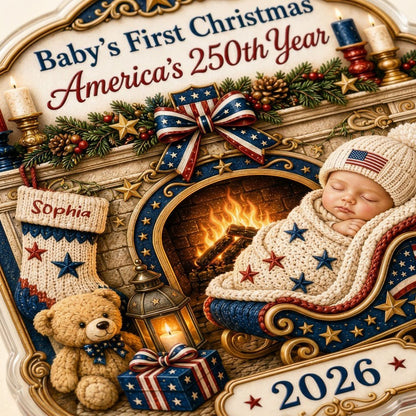 Personalized America 250th Baby's First Christmas Fireplace Acrylic Ornament, Custom Patriotic Newborn Keepsake