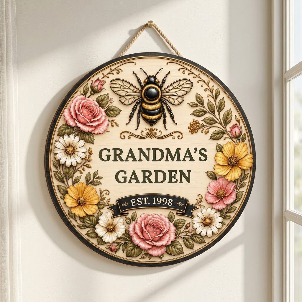 Round wooden sign with 'GRANDMA'S GARDEN', a gold-and-black bee, floral wreath, and EST. year on a light wood background