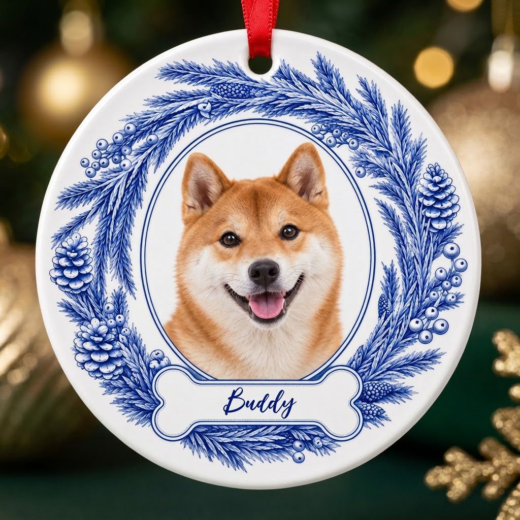 Round ceramic ornament with blue pine wreath, oval dog photo frame, and a blue-outlined bone at the bottom.