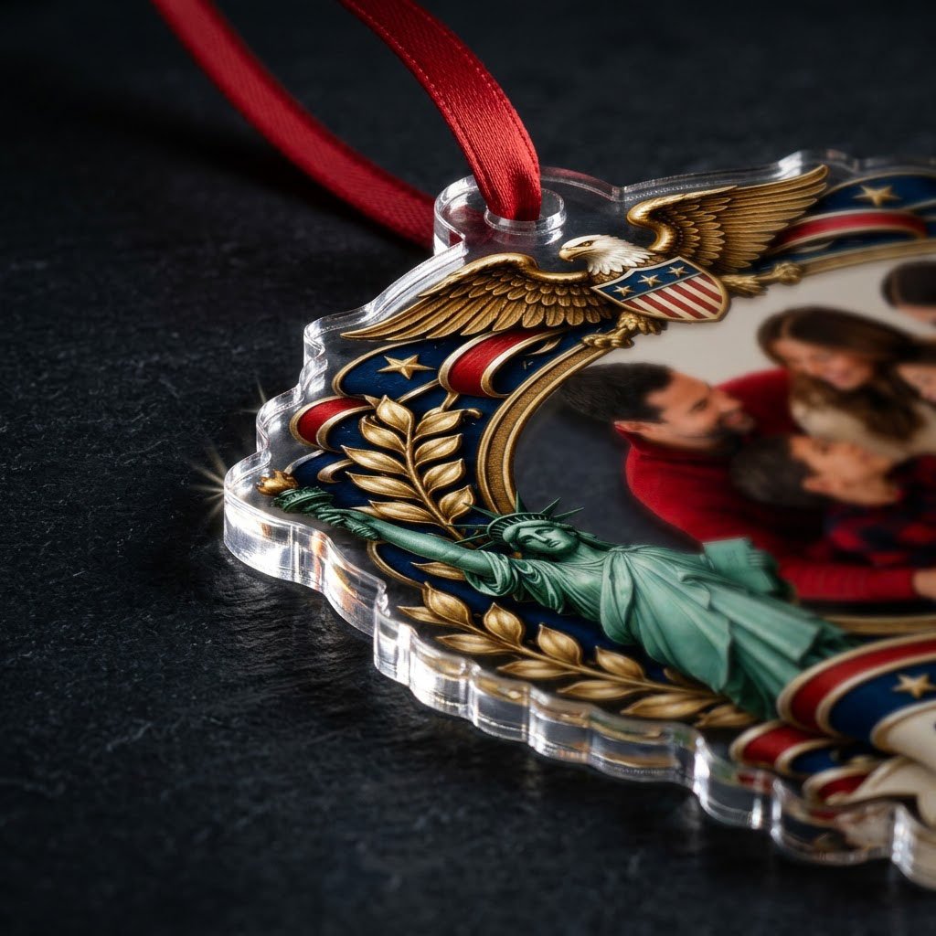 Ornate scalloped acrylic ornament with eagle, Statue of Liberty, Liberty Bell and an oval family photo frame.
