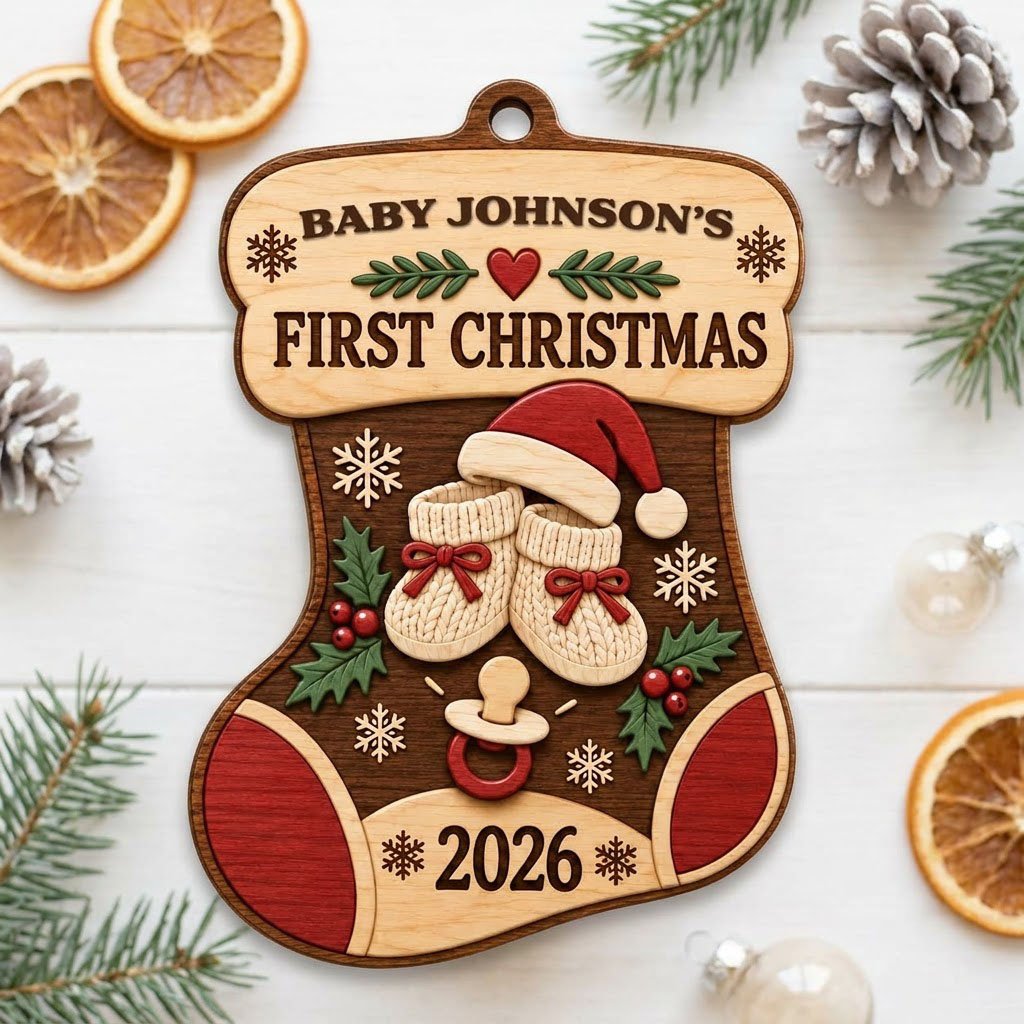 Stocking-shaped wood ornament with baby booties, Santa hat, holly, snowflakes, and FIRST CHRISTMAS text.