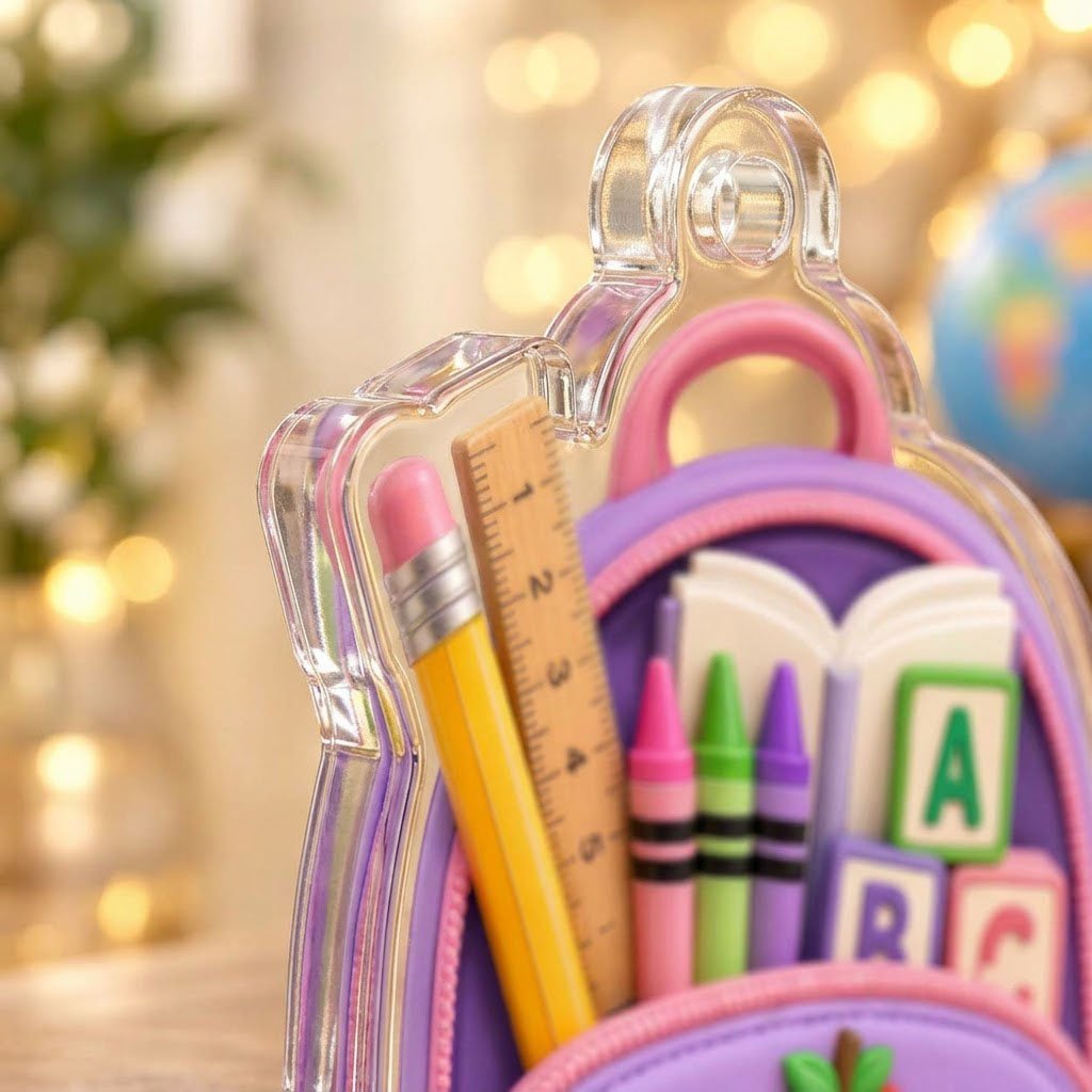 Purple backpack acrylic ornament with ABC blocks, apple, Kindergarten text, 2026 year, and a stitched name banner.