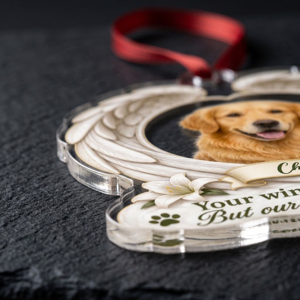 Clear acrylic angel wings ornament with a circular dog photo, white lilies, a dark green paw print, and a name banner.