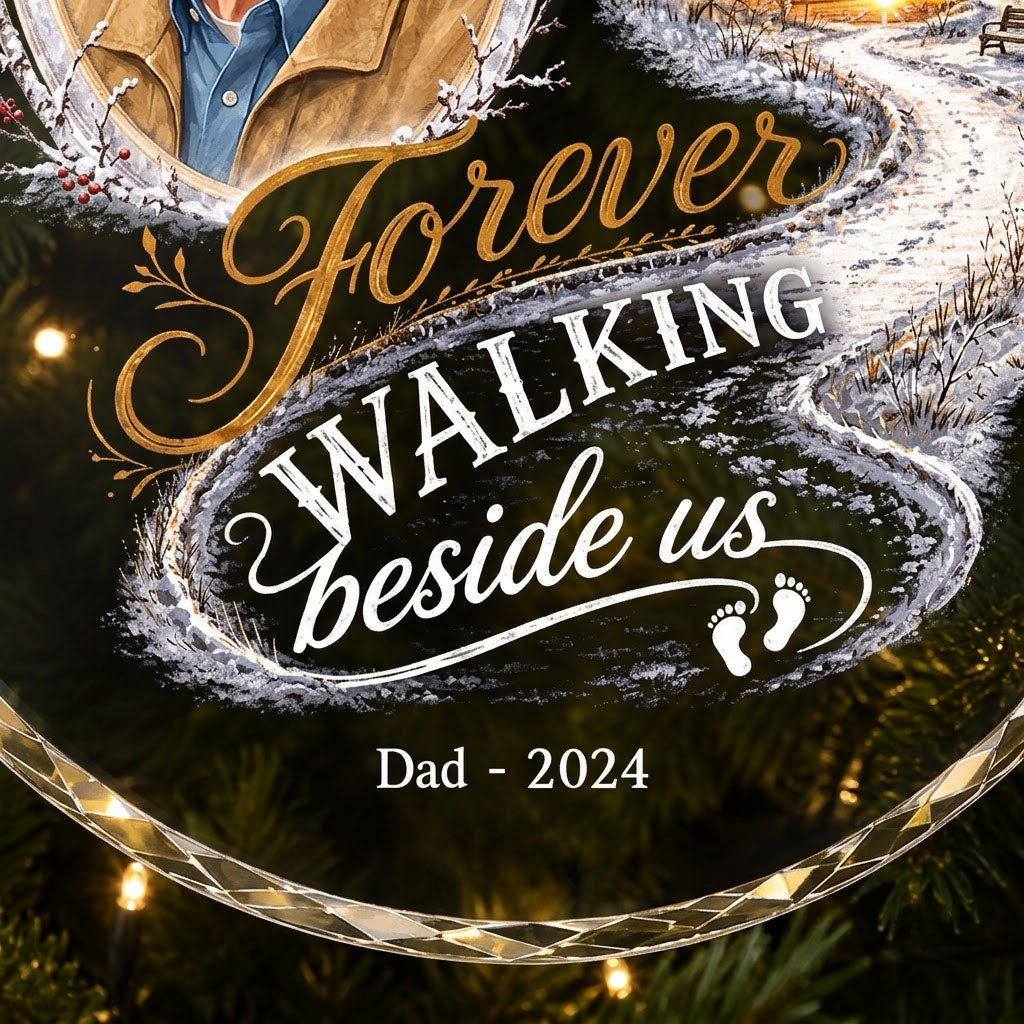 Round glass ornament with birch oval frame, custom photo, red cardinal, winter path and bench, and 'Forever WALKING besi