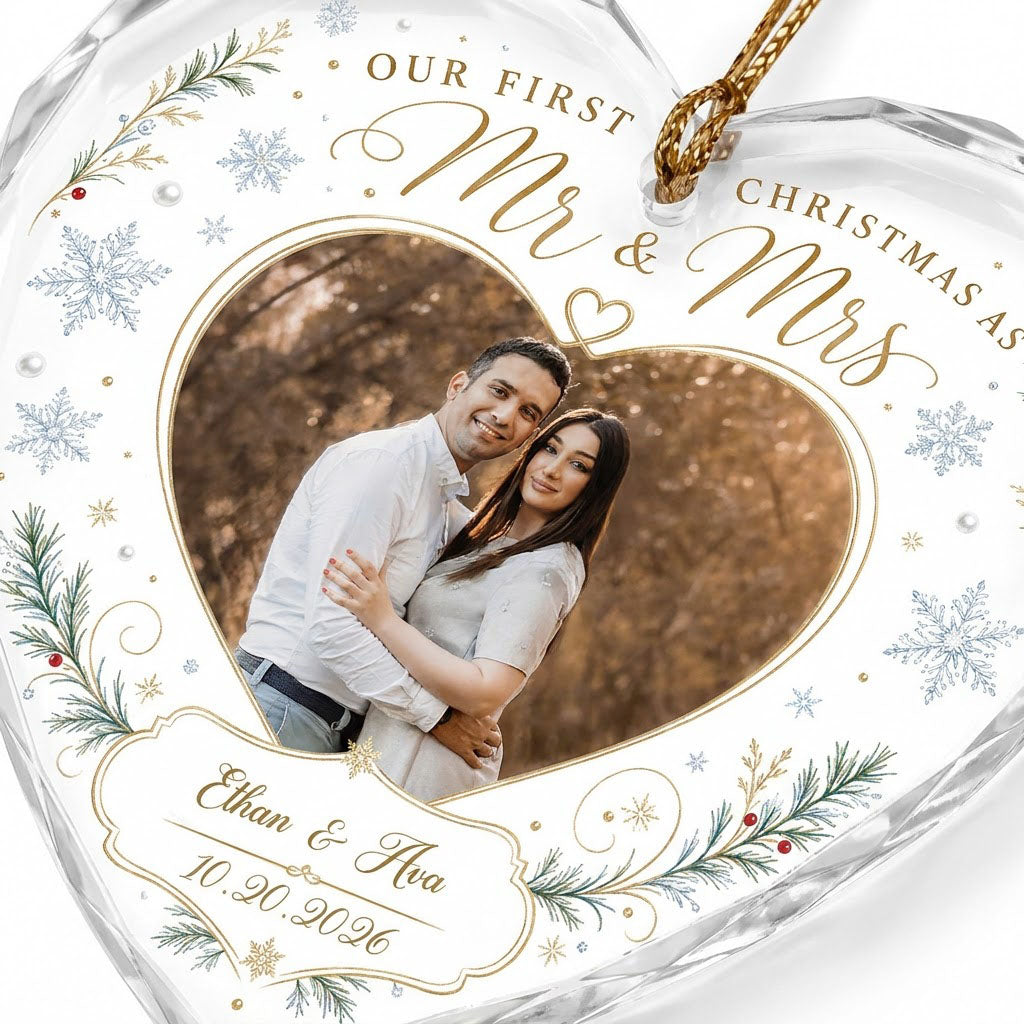 Heart-shaped glass ornament with couple photo, 'Our First Christmas As Mr & Mrs', pine sprigs, berries and gold snowflak