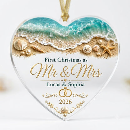 Personalized Beach Ocean First Christmas as Mr & Mrs Heart Acrylic Ornament, Custom Destination Wedding Keepsake