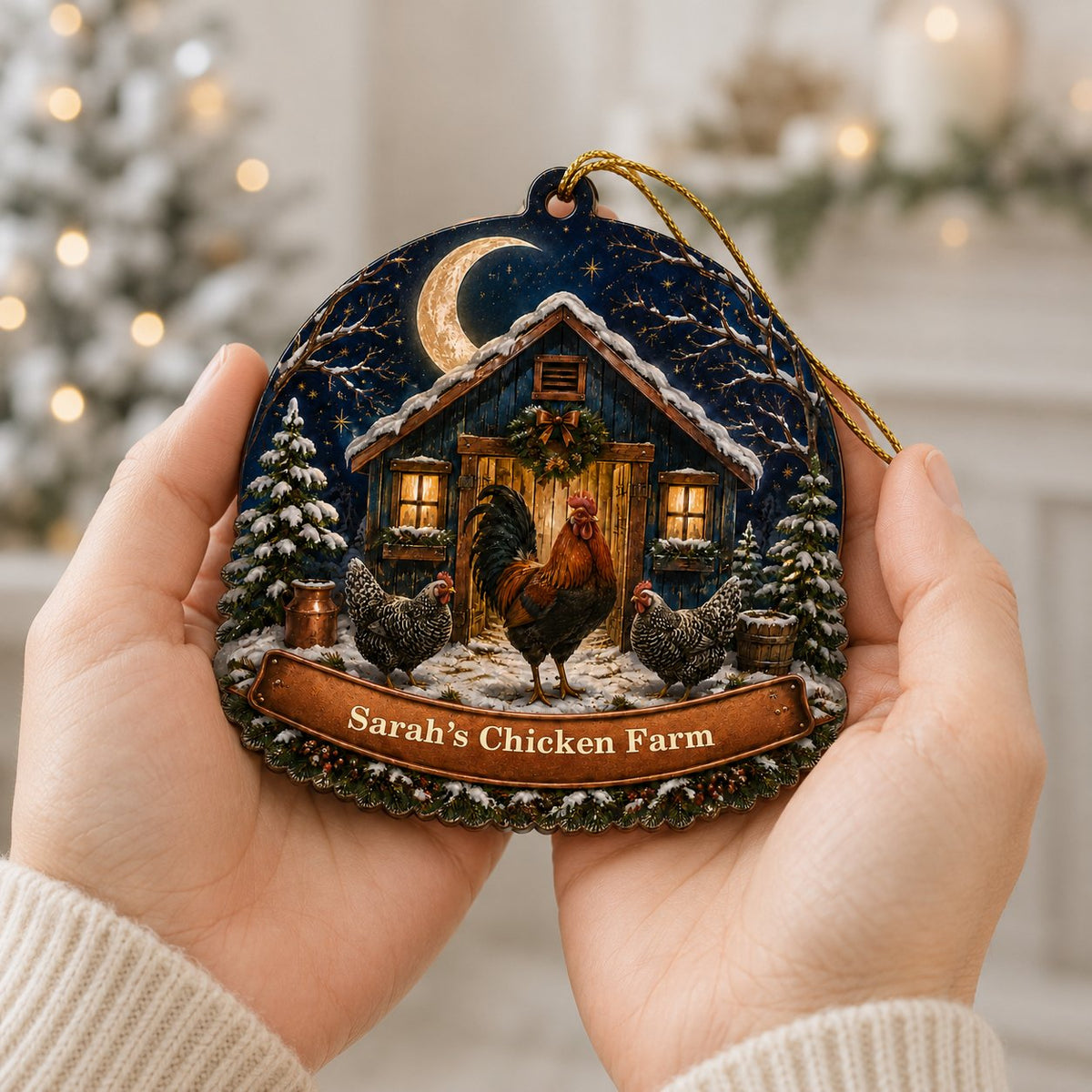Personalized Moonlit Chicken Coop Wood Ornament, Custom Farmhouse Keepsake