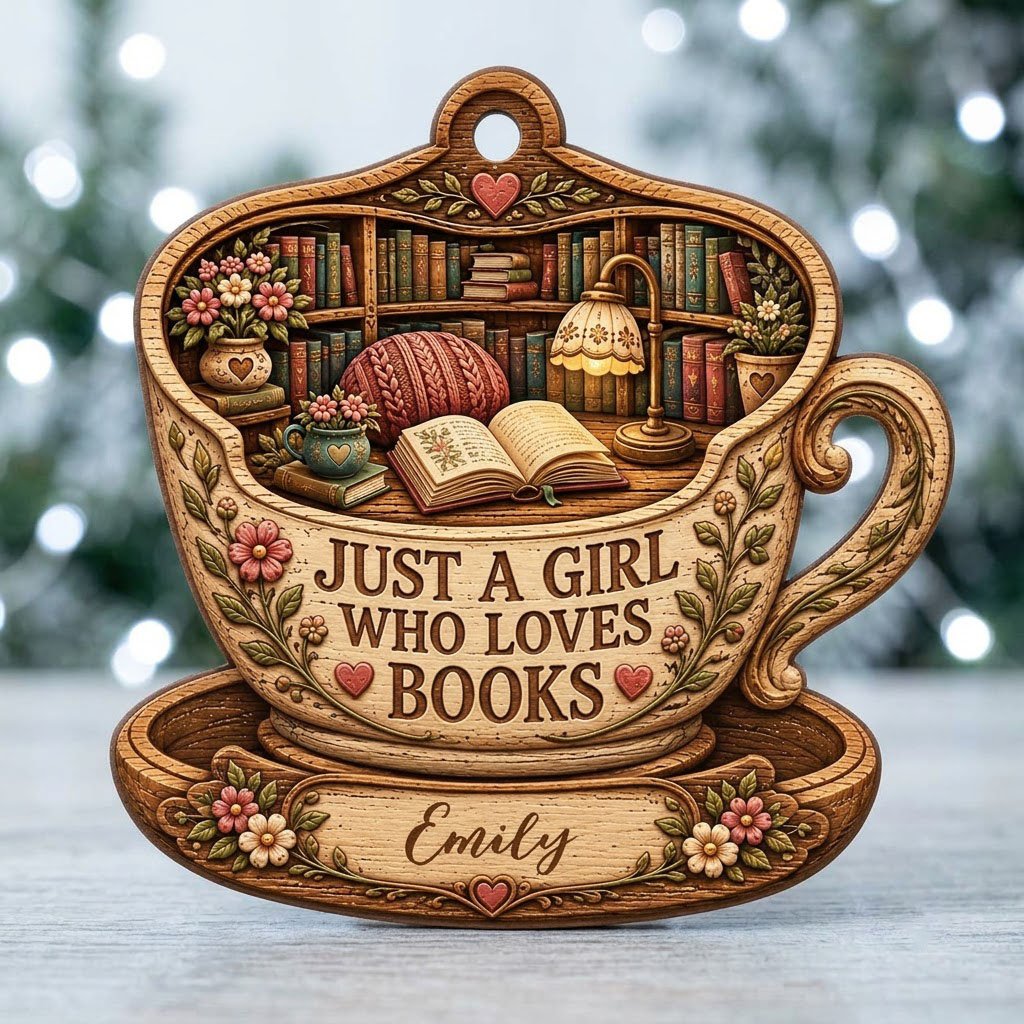 Teacup-shaped wood ornament with cozy library scene and 'JUST A GIRL WHO LOVES BOOKS' plus a personalized name.