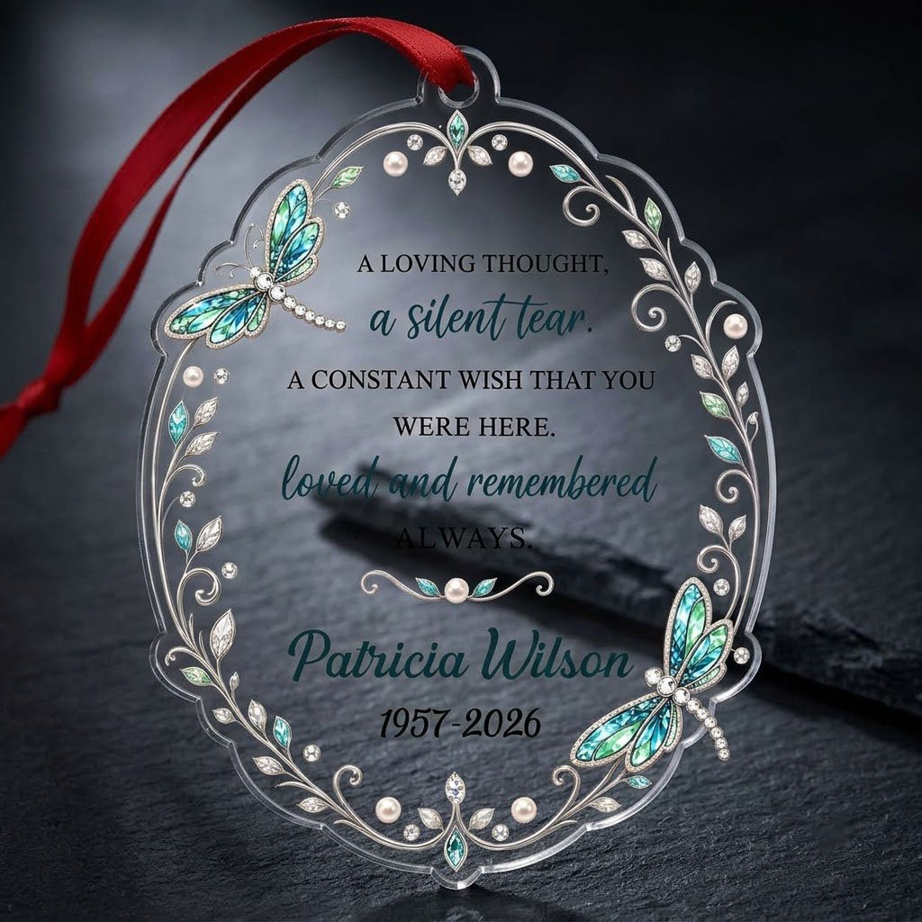 Clear acrylic ornament with teal and blue dragonflies, silver filigree, and a memorial quote with name and dates.