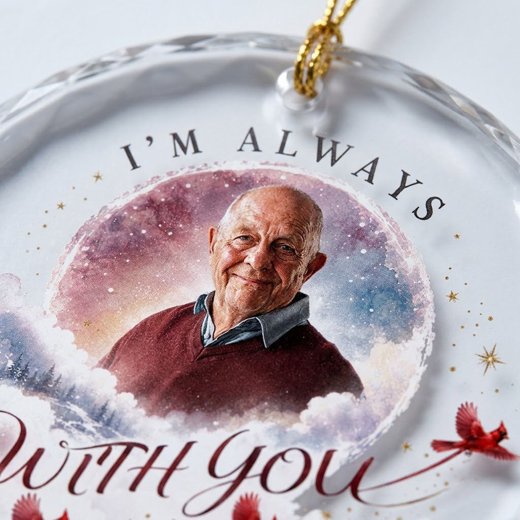 Round faceted glass ornament with "I'm Always With You", custom photo, watercolor clouds, stars, pines, and three red ca