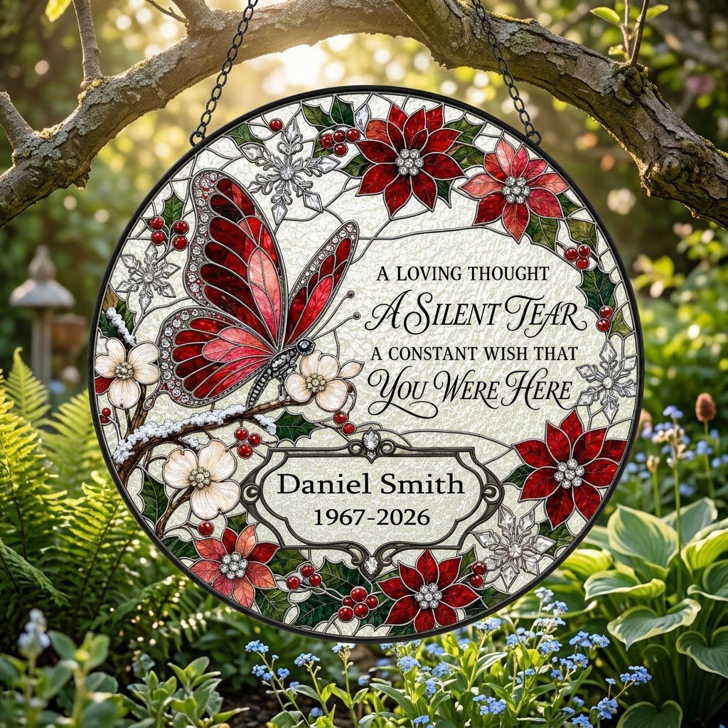 Personalized Red Butterfly Poinsettia A Silent Tear Memorial Stained Glass Round Suncatcher