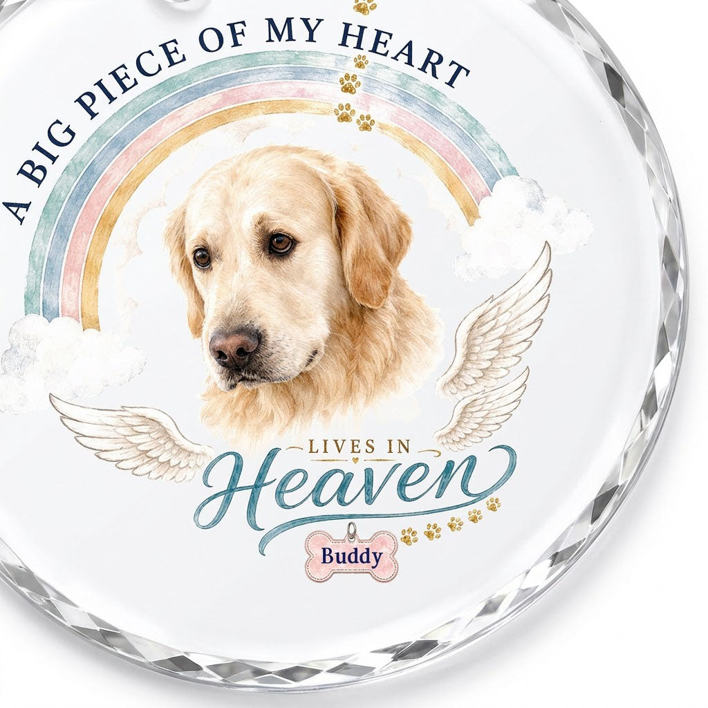 Personalized Dog Memorial Photo Rainbow Bridge A Big Piece Of My Heart Round Glass Ornament