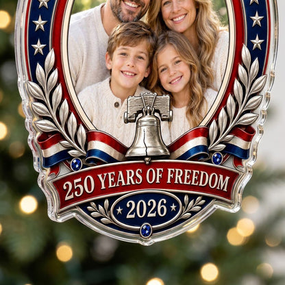 Custom-cut acrylic ornament with patriotic frame, center photo, silver Liberty Bell, laurel branches and blue star bands