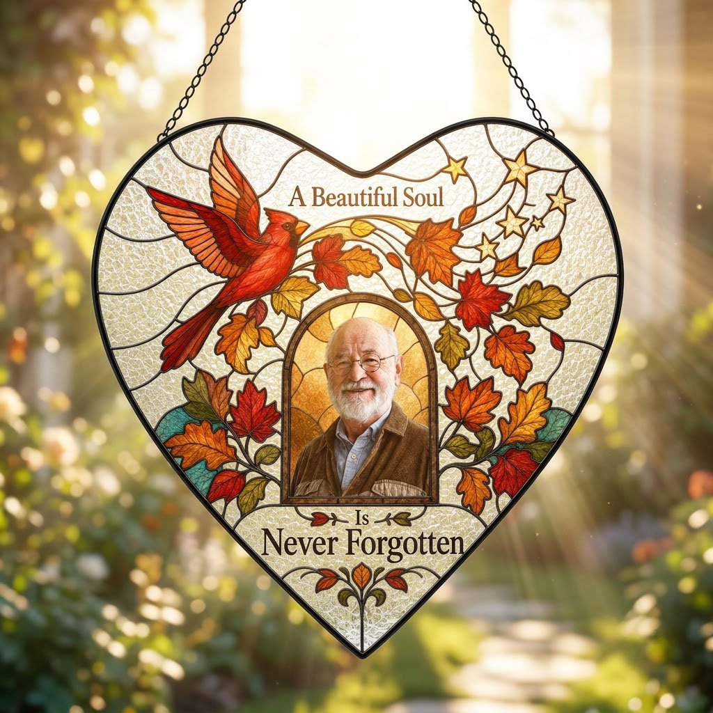 Heart stained glass suncatcher with flying red cardinal, autumn leaves, gold stars, and a central photo frame.