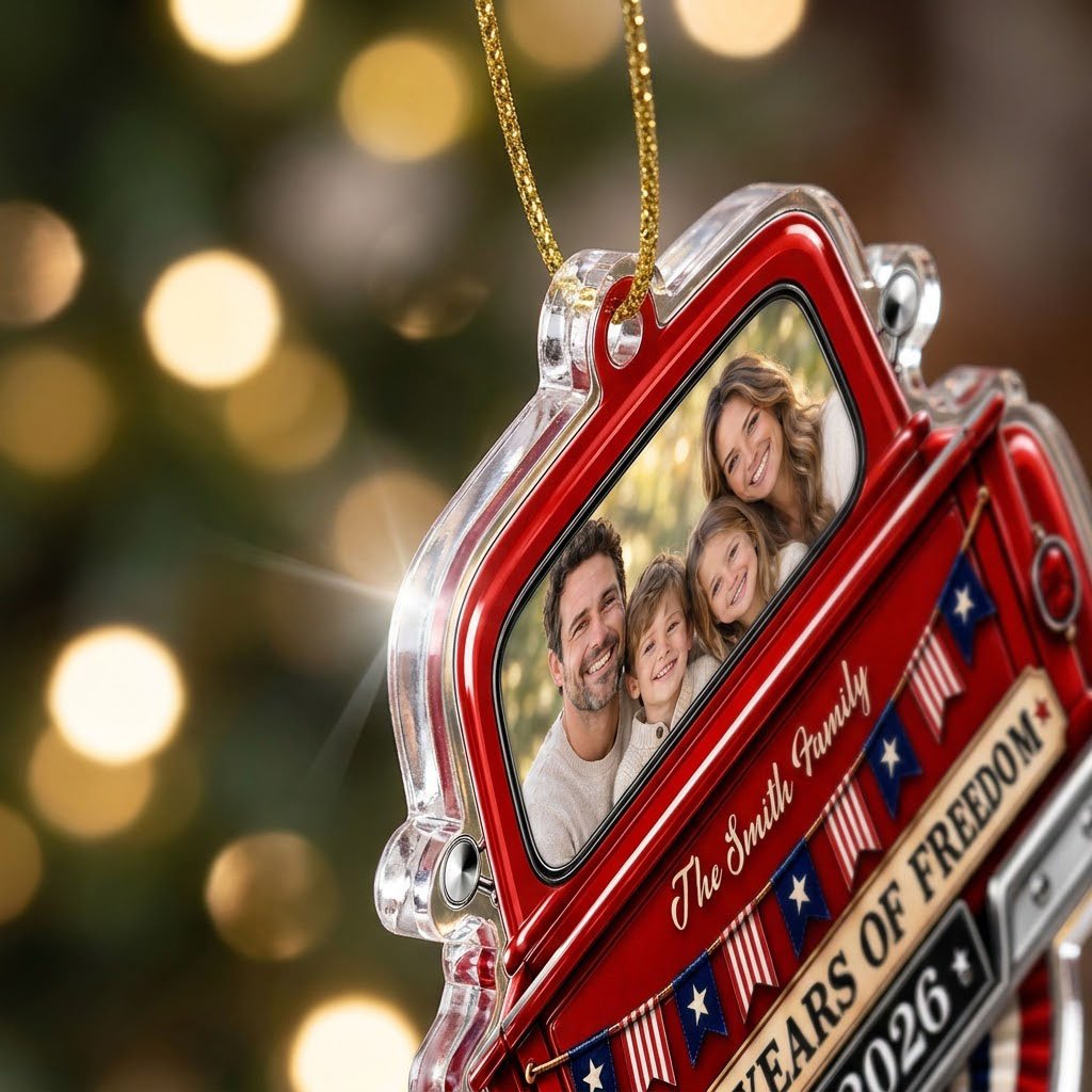 Red vintage pickup truck acrylic ornament with family photo window, 2026 and 250 YEARS OF FREEDOM text.